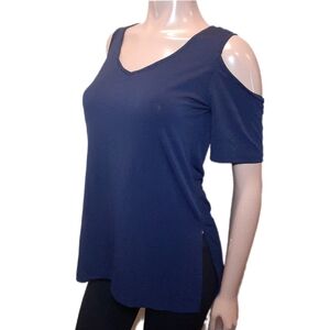CLEO Cold Shoulder Tunic Top Stretchy Navy Vneck Short Sleeve Blouse